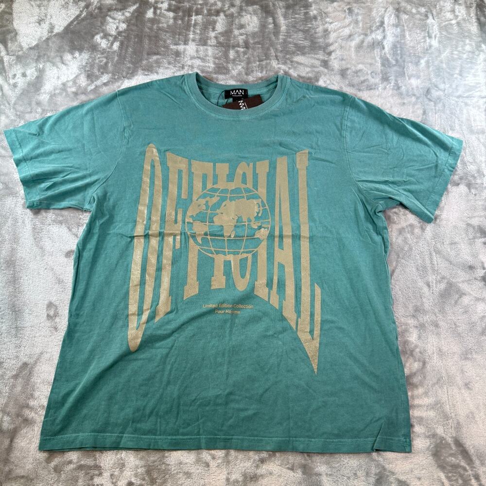 BoohooMAN T-Shirt Mens Large Teal Washed Official Globe Graphic Short Sleeve NWT
